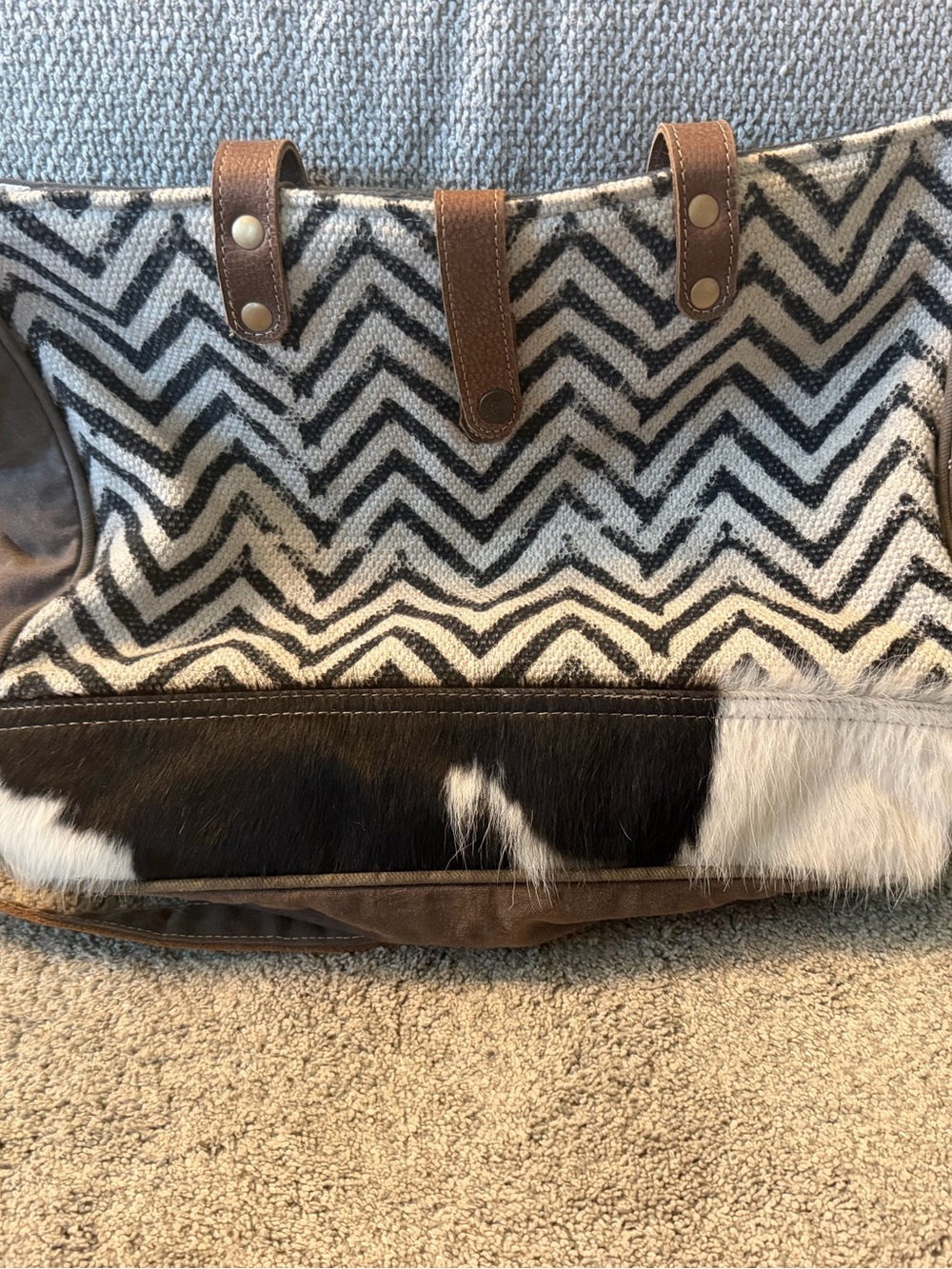 Myra Bag Chevron Canvas Tote with Cowhide Accent - Black/Brown/White
